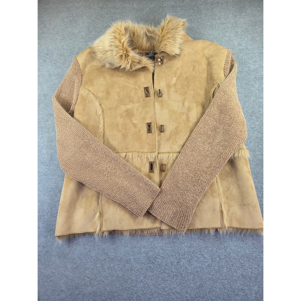 Lisa International Womens Faux Suede Fur Knit Toggle Jacket XL Tan Boho Chic